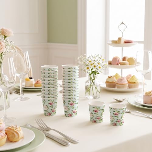 RUSPEPA 3oz Vintage Floral Paper Cups, 100 Pack Blue Pink Rose and Green Vine Design Disposable Small Party Cups for Bathroom, Mouthwash, Espresso, Wedding, Bridal Shower, Garden Tea Party Supplies