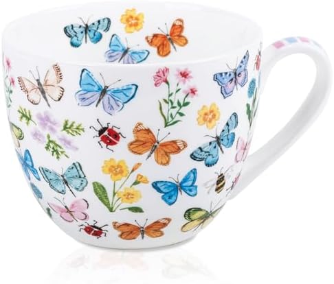 Colorful Butterfly Mug - 20oz Bone China Coffee Tea Hug Mug with Multicolor Butterflies, Ladybugs, Bees & Blooms, Perfect Gifts for Mom Women Mothers Day, Designed in England by Harvest Green Studio