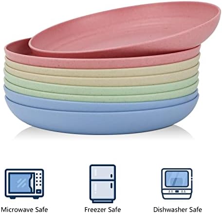 Homienly Unbreakable Deep Dinner Plates Wheat Straw Plates Sets Microwave and Dishwasher Safe Plastic Plates for Kitchen, Camping, Picnic, 8 PCS Lightweight Plate for Dessert (Fresh Light, 10 inch)