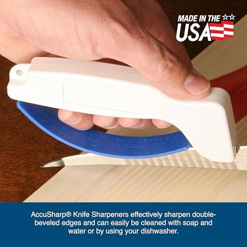 AccuSharp Knife & Tool Sharpener, Restores, Hones & Sharpens Straight & Serrated Knives, Hand-Held Tungsten Carbide Sharpening Tool, White & Blue, 1 Pack