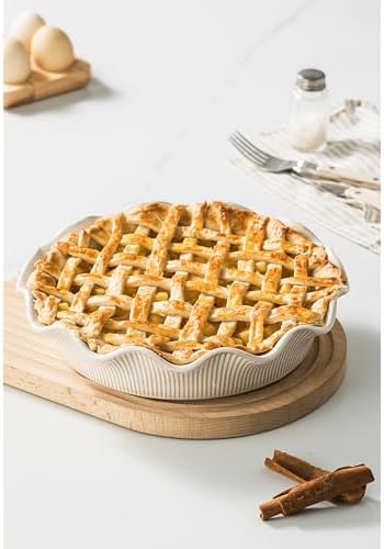Ceramic Deep Pie Pan for Baking, 11 inch Porcelain Pie Dish for Apple Pie, Oven & Dishwasher Safe, Farmhouse Decor, 48 Ounce Deep Plate for Kitchen, Non-Stick Pie Pans, Embossed Stripe