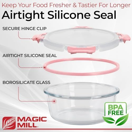 Magic Mill Premium Borosilicate Glass Food Storage Containers with lids Set | 24pc Sets with 12 Bowls & 12 Airtight Locking Lids for Lunch & Meal Prep, Safe for Oven, Freezer, Dishwasher, BPA-Free