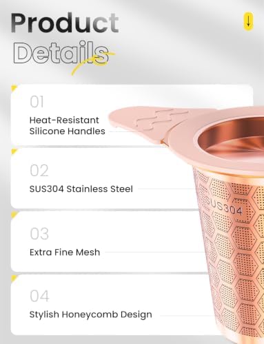 Tea Infuser for Loose Leaf Tea,Stainless Steel Tea Strainer with Silicone Handles,Extra Fine Mesh Tea Strainers for Loose Tea Filter Fine Tea Leaves Effectively,Fits TeaPots/Mugs (Rose gold)