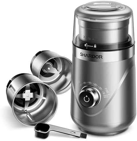 SHARDOR Electric Super Silent Blade Coffee Grinder, Timed Grind Control Rotary Knob, Adjustable Coarse to Fine for Coffee Beans, Spices & Herbs, with 2 Removable Stainless Steel Bowl, Sliver