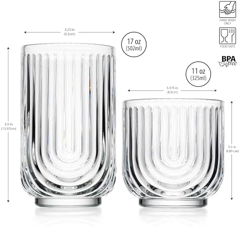 Glaver's 8-Piece Drinking Glass Set, Art Deco Ribbed Arch Glassware, Clear U-Shape Design, 17oz Highball and 11oz DOF Glasses Kitchen Glasses