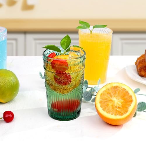 Loivttvv 6pcs Vintage Drinking Glasses Set, 12 oz Dark Green Highball Glasses, Embossed Ribbed Glassware Cups for Cocktail, Water, Juice, Coffee, Whiskey