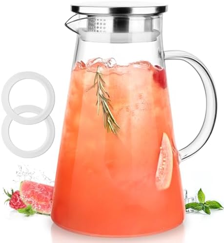LUNA&MANTHA Glass Pitcher, 68oz Water Pitcher with lid and Handle,Ice Tea