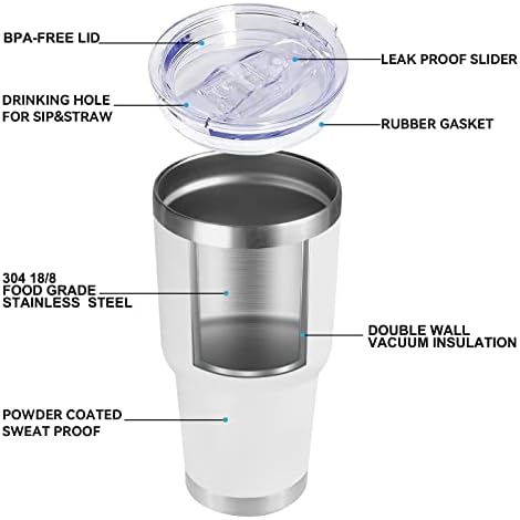 DOMICARE 30 oz Tumbler with Lid and Straw, Stainless Steel Tumblers Bulk, Insulated Vacuum Double Wall Travel Coffee Mug, Durable Powder Coated Tumbler Cup (White, 1)