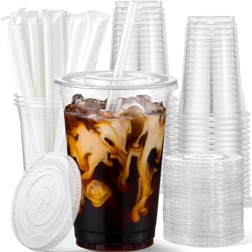 AOZITA 20 oz Plastic Cups with Lids and Straws, 25 Pack, Disposable Iced Coffee Cups with Lids, Clear Cups with Lids for Cold Drinks, Iced Tea, Milkshakes, Smoothies - Durable & BPA Free