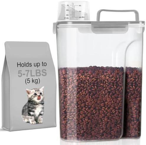 LEAWALK 5-7Lbs/6Qt Dog Cat Storage Container Portable with Upgraded Large Spout and Cup, Plastic Pet Food Dispenser for Small Animal Kibble, Bird Seed, Oatmeal, Rice, Flour, Brown Sugart- Clear Gray