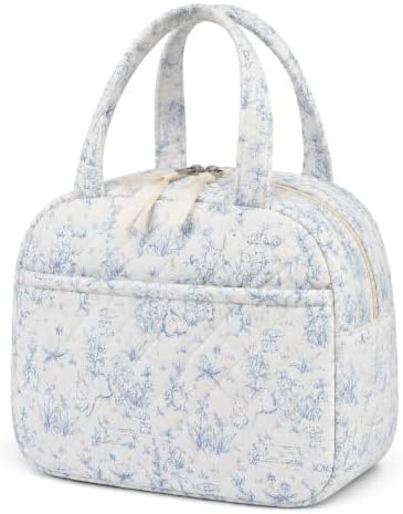 WOBAGMEN Quilted Lunch Box for Women,Coquette Aesthetic Lunch Box for Teen Girls,Cute Floral Lunch Bags for Work, School,Office,Picnic,Travel (blue floral rabbit)