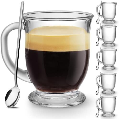 Mfacoy Glass Coffee Mugs Set of 6, Clear Large Coffee Mug 15 Oz With Handles for Hot Beverages, Clear Mugs for Tea, Cappuccino, Latte, Espresso Coffee, Juice, Glass Coffee Cups