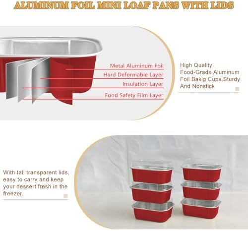 mini loaf pans with lids and spoons 50 Pack,5.5 oz Rectangle mini individual cake tins Disposable Small Aluminum Foil Baking pans(50, Red)