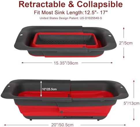 ROTTOGOON 7Qt Collapsible Colander Strainer, Expandable Over the Sink Colander, Adjustable Silicone Kitchen Sink Strainer, Foldable Large Colanders Basket to Wash Vegetable, Fruit, 15" to 19.9", Red