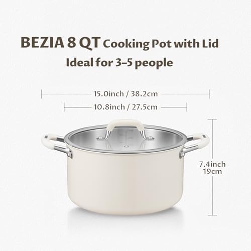 BEZIA 8QT Fully Clad 3-Ply Stainless Steel Stock Pot with Lid, Cooking Pot