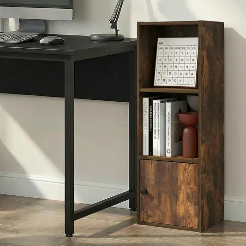 Furinno LUDER Book Shelf, 3-Tier Bookshelf with Open Shelf, Standing Bookcase with 1 Door Cabinet, 9.3 x 12 x 31.5, for Organization and Storage, for Living Room, Bedroom, Home Office, Amber Pine
