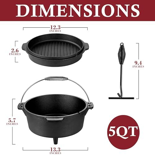 Leonyo 5QT Camping Dutch Oven with Lid Lifter, Pre-Seasoned & Cast Iron