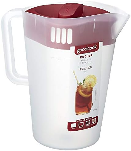 GoodCook 1 Gallon Pitcher with Embossed Measurements, Integrated Pour Spout & 4 Way Lid, Made Without BPA, Clear/Red