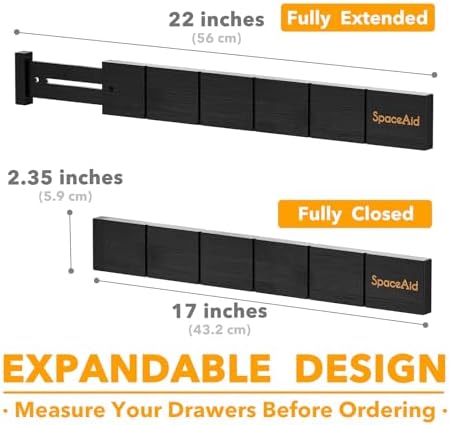 SpaceAid Bamboo Drawer Dividers with Inserts and Labels, Kitchen Adjustable Drawer Organizers, Expandable Organization for Home, Office, Dressers, 10 Dividers with 24 Inserts (17"-22" Black)
