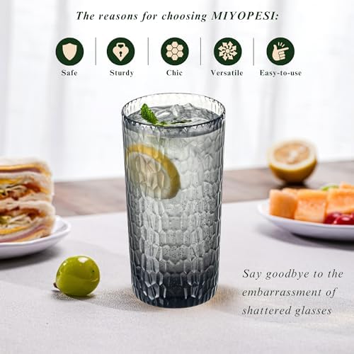 15oz and 22oz Grey Acrylic Glasses Drinkware (Set of 8), Honeycomb Stackable Shatter-Proof Plastic Tumblers, Reusable Plastic Drinking Glasses, BPA-Free, Dishwasher-Safe