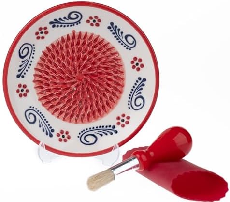 Ceramic Garlic Grater Plate - Handmade 4 Pcs Press - Natural Grinder - Decorative Mincer - Ginger, Cheese Grater - Hand Dish (Apple Red)