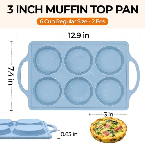 CAKETIME Muffin Top Pan Non Stick, Silicone Egg Molds for Breakfast Sandwiches 3 Inch Round Egg Baking Pan for Oven English Muffins, Whoopie Pies, Corn Bread, Tarts 2 Pack