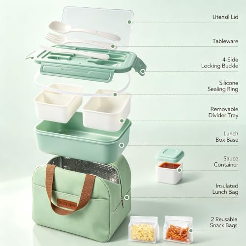 Bento Box 1100ml Lunch Container with Bag & Utensils & 2 Storage Bags Green