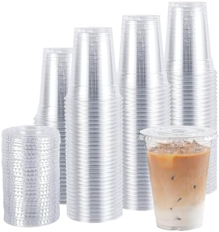 TashiBox 16oz-100 Count Plastic cups with flat lids | Disposable Plastic Ice coffee Cups to go | Crystal Clear