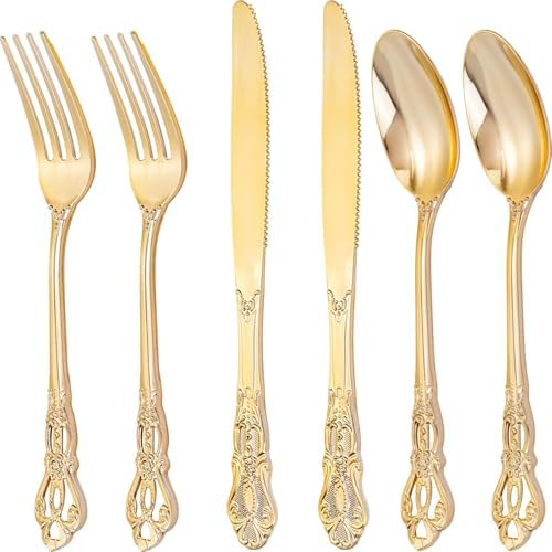 300PCS Gold Plastic Silverware Bulk for Parties & Weddings