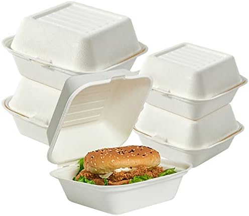 ECOLipak 200 Pack Clamshell Take Out Food Containers, 100% Compostable Disposable To Go Containers，6 * 6 inch To Go Boxes for Salad, Cake,Sandwiches