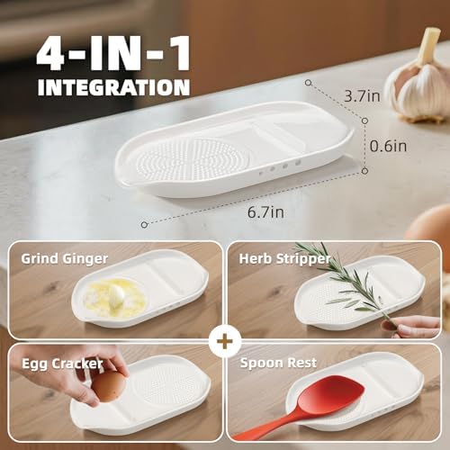 Luvan Garlic Grater Plate, 4 in 1 Ceramic Egg Cracker, Spoon Rest, Herb Stripper Bowl for Kitchen, Porcelain Garlic Ginger Grater with Brush & Silicone Pad for Grinding Wasabi, Ginger, Garlic, Cheese