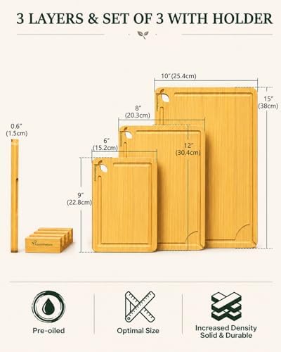 Cutting Board Set,3 Pack Bamboo Cutting Boards for Kitchen, Butcher Block Cutting Boards with Built-in Handles, Serving Board for Meat, Vegetables, Cheese, Bread and Charcuterie
