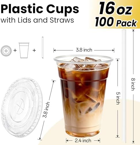 𝟏𝟎𝟎 𝐏𝐚𝐜𝐤 16 oz Disposable Clear Plastic Cups with Lids and Straws