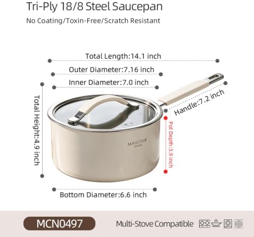 2.0 Quart Tri-Ply Stainless Steel Sauce Pan, Heat Fast Evenly, Detachable Silicone Cover, Cooking Pot for All Cooktops