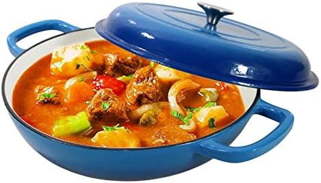 Enameled Cast Iron Dutch Oven Braiser, 3.8 Quart Enamel Skillet Pot with Lid - Heavy Duty and Dual Handles, Oven Safe Frying Pan for Family or Friends Gifts, Blue