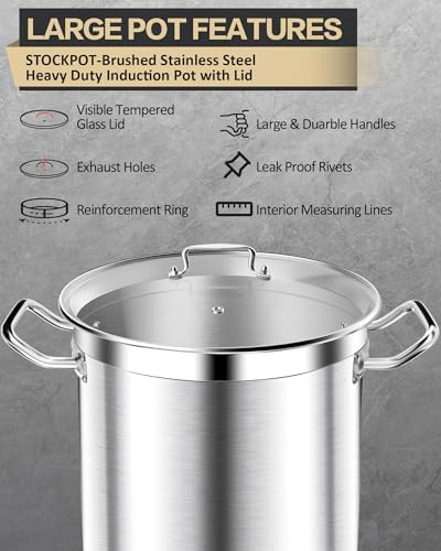 STOCKPOT Stock Pot 20 Quart - Commercial Grade Soup Pot With Lid - Nickel Free Stainless Steel - Polished Stockpots - Heavy Duty Induction Pots