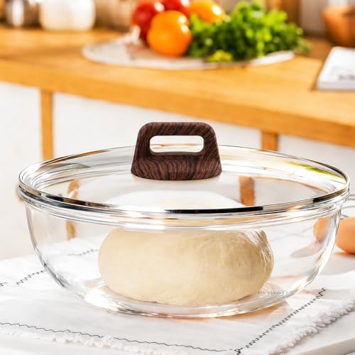 Large Glass Bowl for Sourdough Bread Making 6 QT Glass Mixing Bowl with Lid and Wood-Look Solid Bakelite Handle Clear Sourdough Bread Proofing Bowl with Cover Ideal for Baking