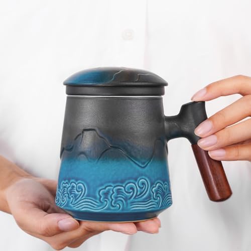ZENS Tea Cup with Infuser and Lid for Loose Leaf Tea Steeper, 15oz Blue