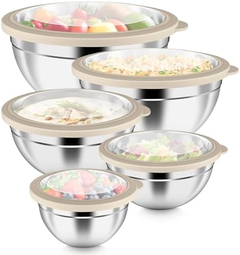 P&P CHEF Metal Mixing Bowls with Lids Set, Visible Airtight Lids & Khaki