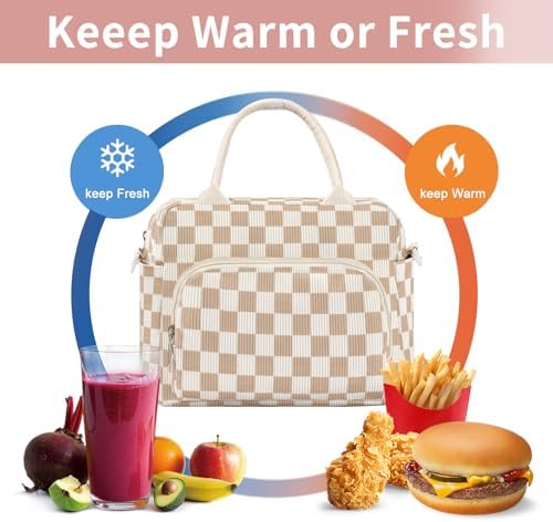 GASSDA Lunch Box for Women Insulated Lunch Bag Women Adult Cute Lunch Bags Reusable Lunchbox Cooler Tote Bag for Work Picnic (Beige-Brown Plaid)