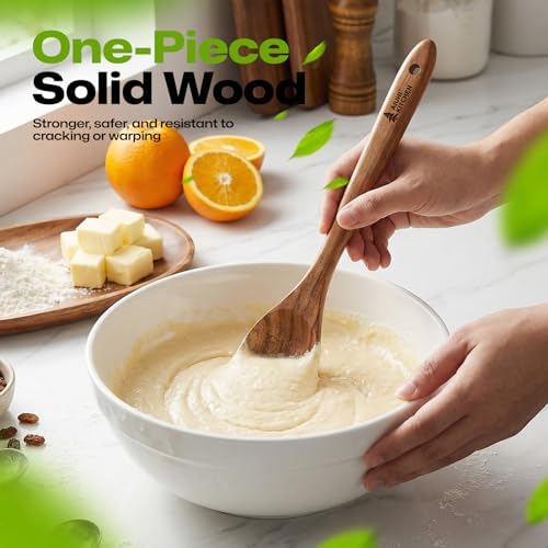 AIUHI Wooden Salad Spoon Fork, 2-in-1 Teak Wood Cooking Utensil, Long Handle Non-Stick Safe Pasta Server for Mixing Tossing Serving Salad Pasta and Fruits