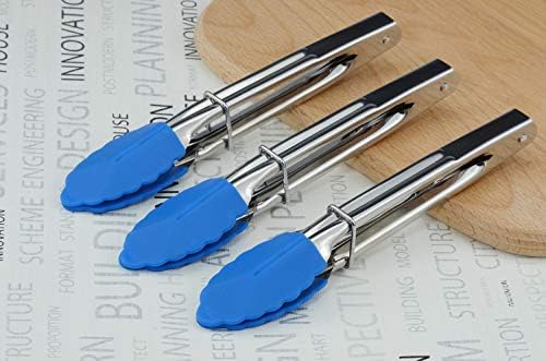 HINMAY Small Tongs with Silicone Tips 7-Inch Serving Tongs, Set of 3 (Blue)