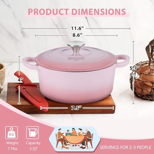 E-far 3 Qt Enameled Cast Iron Dutch Oven with Lid, Small Round Nonstick Dutch Oven Pot for Bread Baking Braising Stews Roasting Cooking, Heavy Duty, Induction & Oven Safe - Pink