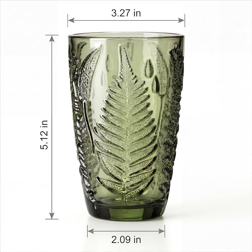 Vintage Green Drinking Glass, 12 oz Hand-Pressed Deep Textured Glass Cup, Fern Embossed Retro Glassware, Decorative Tumbler for Water, Cocktails & Juice, Boho Colored Kitchen Drinkware, Unique Gift
