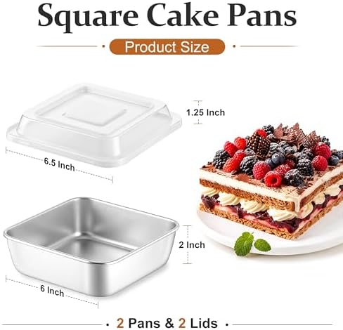 LIANYU 6 x 6 Square Cake Pans with Lid, Stainless Steel Lasagna Brownie Pan