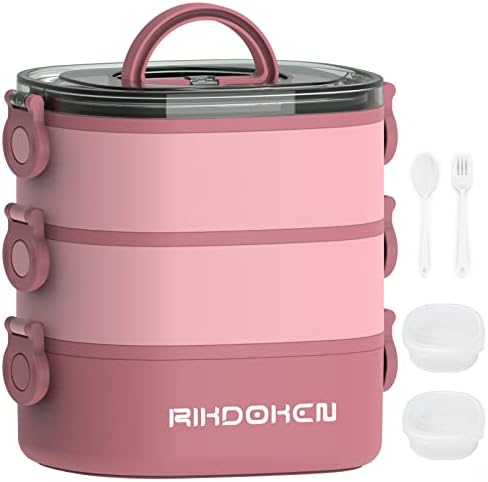 RIKDOKEN Lunch Box, Stackable 3 Layers Containers, Portable 94OZ Large Capacity Leakproof Bento Box with Spoon & Fork & Sauce Boxes, Microwave Safe Lunch Box for Kids and Adults