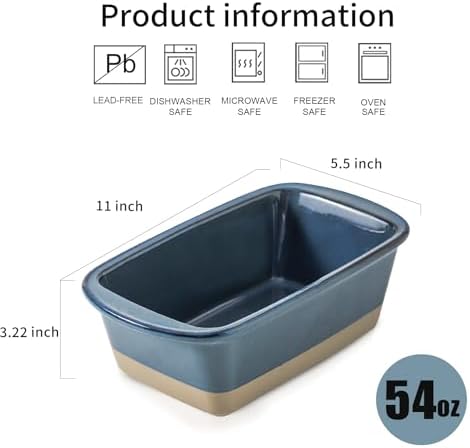 HVH Ceramic Loaf Pan for Baking Bread, 9 x 5 inch Baking Bread Loaf Pan, Rectangular Bread Pan, Bread Baking Pan for Cooking, Farmhouse Style (Blue)