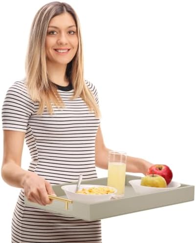 ATZYmolin 17"x12" Leather Serving Tray, Gold Handle Vanity Platter, Grey