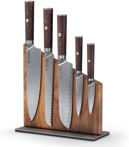 Yatoshi Knives Magnetic Kitchen Knife Block Set 6 Pcs- Japanese Damascus 67 Layer High-Grade VG-10 Steel Knives, Professional Kitchen Knife Set, Espresso Brown Pakkawood Handles
