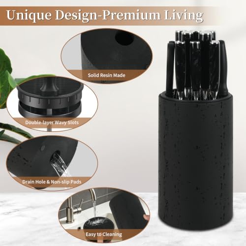 Knife Block Without Knives,Travertine Stone Look Round Universal Knife Holder with Slots for Scissors & Sharpening Rod,Safe Space Saver Knife Storage Stand,Detachable Knife Organizer - Matte Black